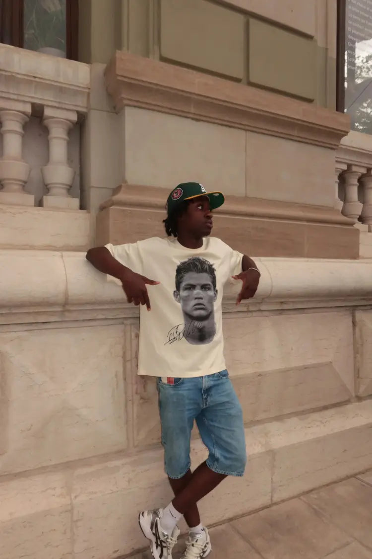 Detailed close-up of the Cristiano Ronaldo print on the tee – premium quality design with bold contrast