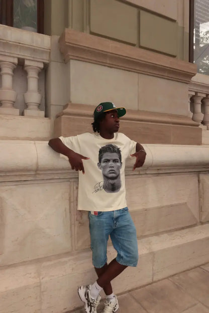 Detailed close-up of the Cristiano Ronaldo print on the tee – premium quality design with bold contrast