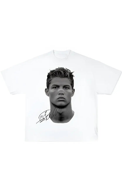 Front view of the Setamoda “Ronaldo” graphic tee in black – bold print and oversized fit for UK streetwear lovers

